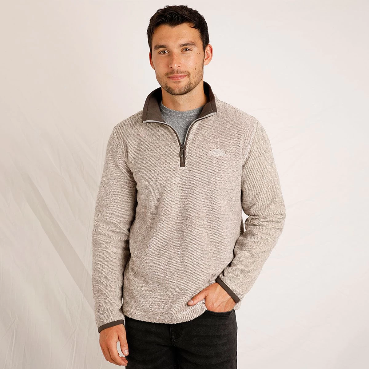 Weird Fish Men's Errill ¼ Textured Zip Fleece - Ecru 2 Weird Fish Men's Errill ¼ Textured Zip Fleece - Ecru - Image 2