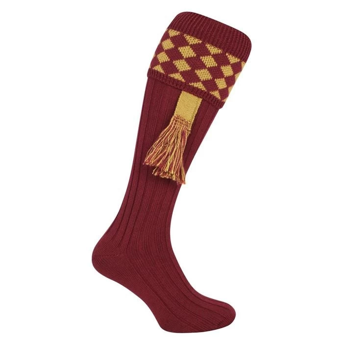 Jack Pyke Men’s Harlequin Shooting Socks – Burgundy/Gold 2 Jack Pyke Men’s Harlequin Shooting Socks – Burgundy/Gold - Image 2