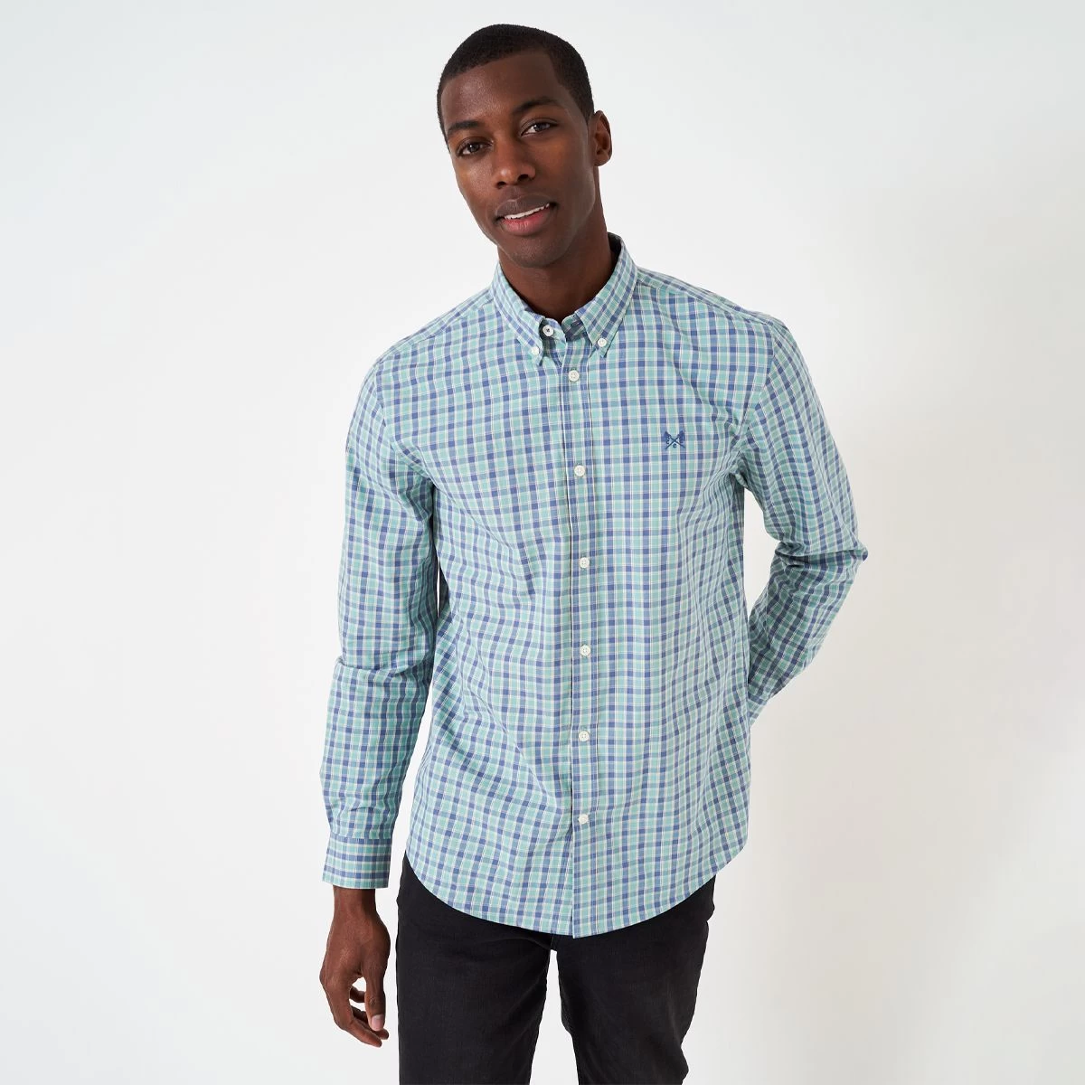 Crew Clothing Men's James Washed Poplin Check Shirt - Indigo/Sand/Trellis 1 Crew Clothing Men's James Washed Poplin Check Shirt - Indigo/Sand/Trellis