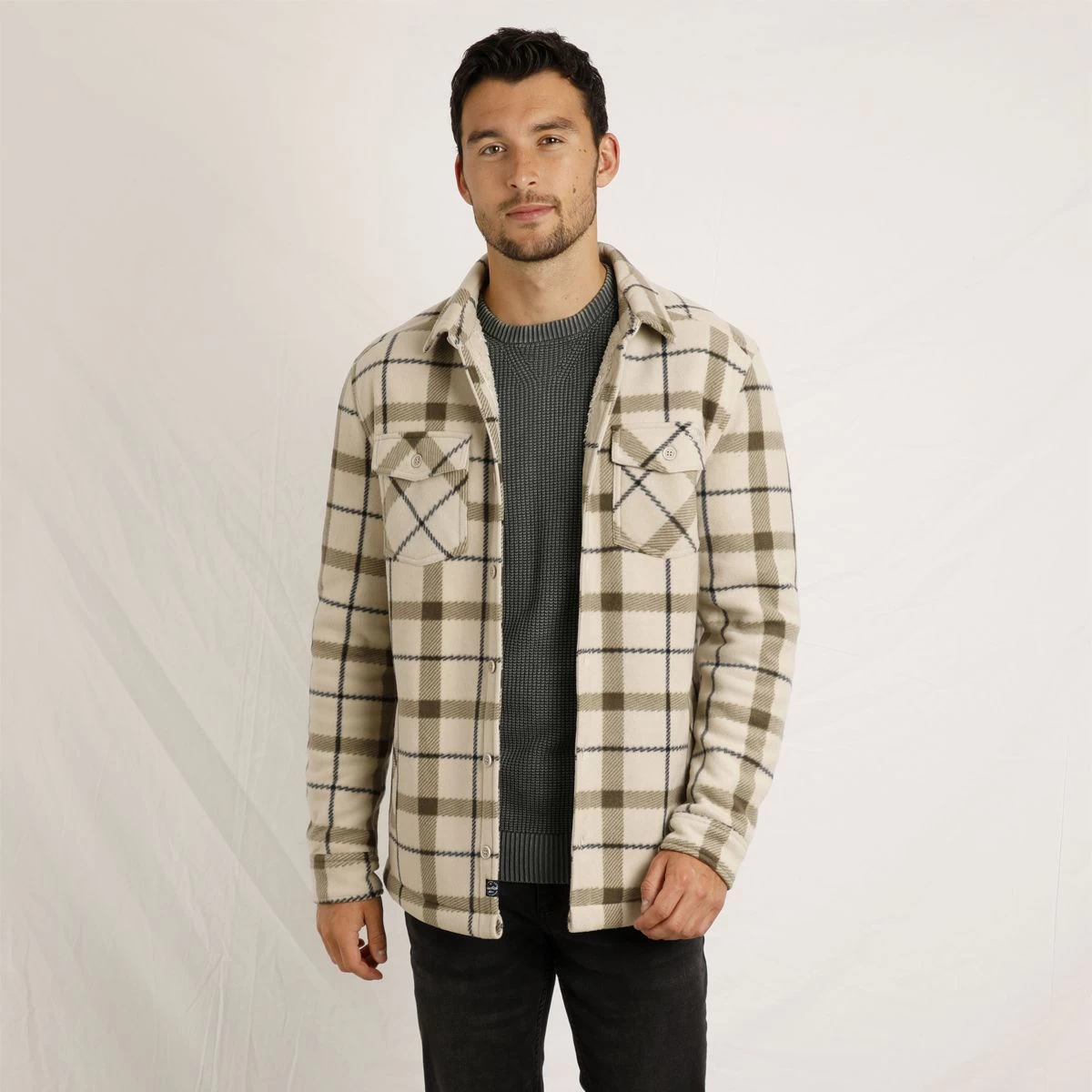 Weird Fish Men's Tyburn Check Fleece Shacket - Taupe Grey 1 Weird Fish Men's Tyburn Check Fleece Shacket - Taupe Grey