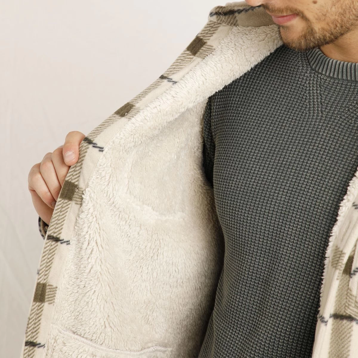 Weird Fish Men's Tyburn Check Fleece Shacket - Taupe Grey 9 Weird Fish Men's Tyburn Check Fleece Shacket - Taupe Grey - Image 9